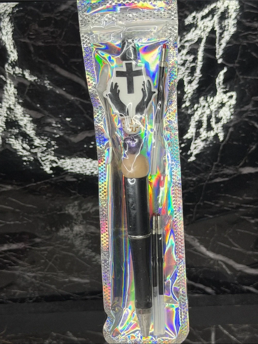 Black Cross Focal Bead Pen  Black and Blue Ink